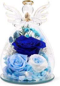 Gifts for Mom Birthday Gifts for Women Preserved Rose Forever Flower in Glass Angel Figurines Fresh Flowers for Delivery Anniversary Mothers Day (Color: Dark Blue (Rose, Austin, Baby's Breath, Hydrangea))